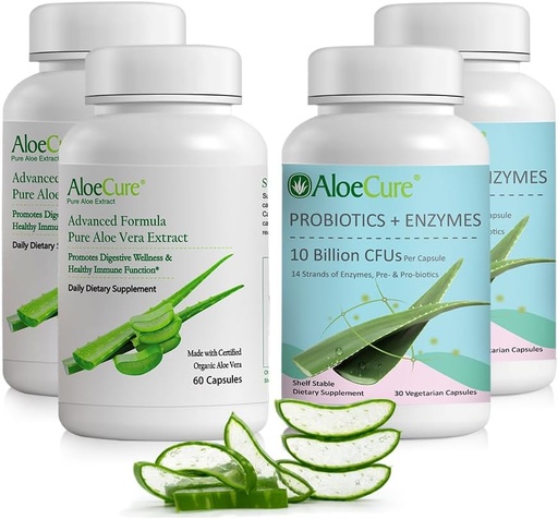 [BRSROBIFB4GREEQZ] AloeCure Organic Aloe Vera Capsules Pack - 4 Pieces - 2 x Aloe Vera Capsules, 2 x Probióticos + Enzimas