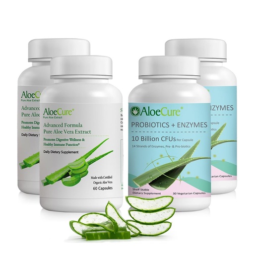 [BRSROBIFB4GREEQZ] AloeCure Organic Aloe Vera Capsules Pack - 4 Pieces - 2 x Aloe Vera Capsules, 2 x Probiotics + Enzymes