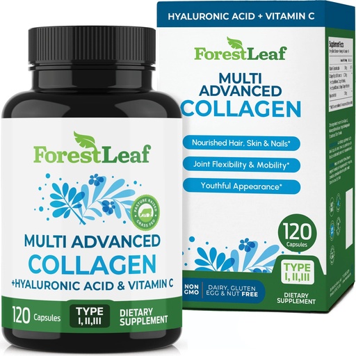 [BRSWGZL2DEHGMFLA] ForestLeaf Multi Collagen Pills with Hyaluronic Acid + Vitamin C | Hydrolyzed Collagen Supplements for Women or Men | Multi Collagen Capsules Peptides for Skin, Wrinkles, 120 Caps