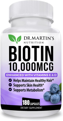 [BRSW2GD4PIMRGD3O] Potent Biotine (Vitamine B7) 10 000 mcg avec supplément Vitamines D & E (D & E) 180 Comte (Hair, Skin and Nails) pour la croissance des cheveux plus épais et plus forts (Healthy, Youthful Skin & Strong Nails)
