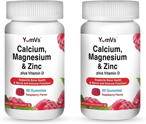 [BRSRMHQZAF7WCD32] YUM-V'S Calcium, Magnesium, Zinc and Vitamin D Gummies (90 Count) - Calcium Gummies with Vitamin D3 + Zinc & Magnesium Supplements - Delicious Bone Health Gummy Supplement for Men, Women & Kids