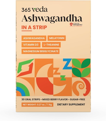 [BRSROGTQOECGK3D5] Ashwagandha Oral Strips 100 mg KSM 66 Ashwagandha, L-Theanine, Melatonin, Vitamin D3 and Magnesium, Vegan Strip for Men and Women, Sugar-Free, Non-GMO, 30 Oral Strips (Berry)