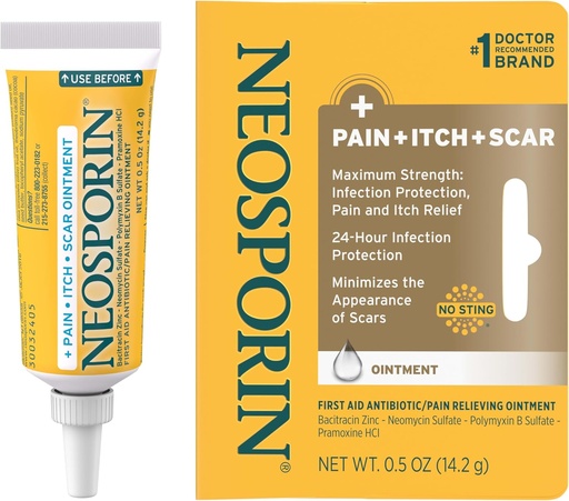 [BRSWKEAOAYPQGFLI] Neosporine Antibiotique analgésique, anti-démangeaison et cicatrice Onguent minimalisateur avec Neomycin et Bacitracine Zinc, protection 24 heures sur 24 contre les coupures mineures, les éraflures et les brûlures,.5 oz