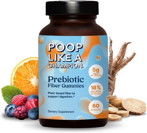 [BRSRAGQCAR6B43TO] Poop Like a Champion Fiber Gummies – 5g Fiber per Serving, Non-GMO, Vegan, Digestive Support, 60 Pieces per Bottle