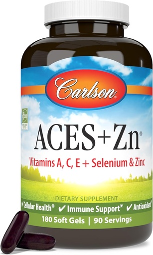 [BRSWIYILCUABACAV] Carlson - ACES + Zn, vitamiinid A, C, E + Seleen ja tsink, raku tervise ja immuunsuse tugi, antioksüdant, 180 Softgels