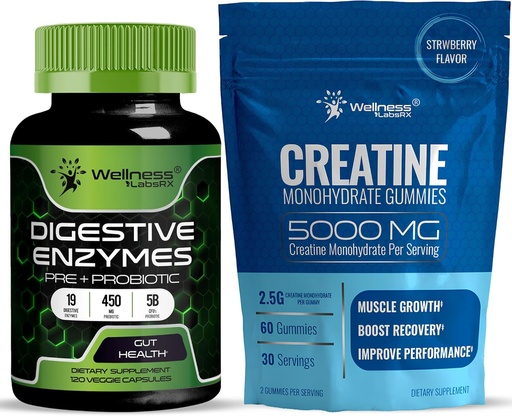 [BRSRAAL3AENQMYDD] WELLNESS LABSRX Digestive Enzymes Capsules 5 Billion CFUs - Creatine Gummies 5000mg
