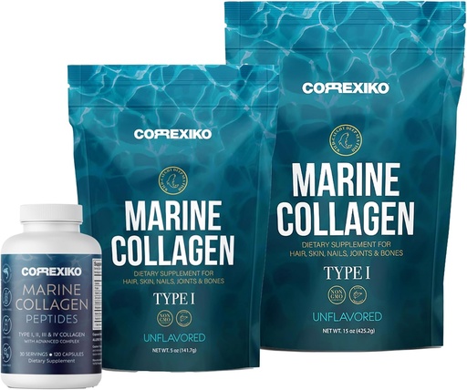 [BRSWYAT3PJ6GOCA6] CORREXIKO Marine Collagen Supplement Pills & Powder Bundle - Incluye 10.000mg Double Hydrolyzed Collagen Powder 15 oz & 5oz y 1800mg Collagen Peptides 120 Capsules - para el cabello, piel y uñas