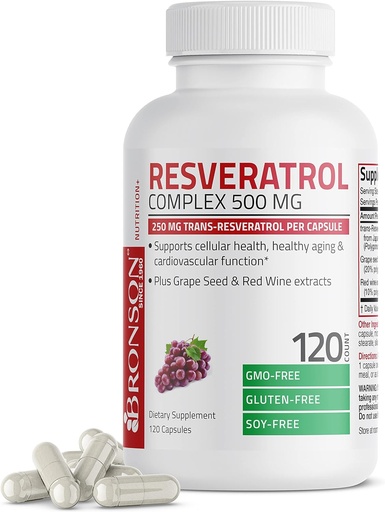 [BRSWIYIOPJ6R6FY5] Bronson Resveratrol 500 Complex 표준화 된 Trans-Resveratrol + 포도 씨앗 & 레드 와인 추출, 120 캡슐