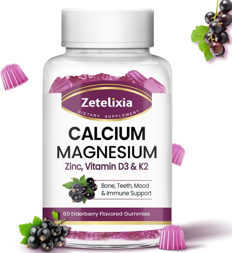 [BRSRAYATCIFGKET5] Calcium Gummies with D3, Calcium Magnesium Supplement with Glycinate,Potassium,Vitamin D3 & K2, &Whole Natural Food for Bone & Immune Support- 60 Chewable Gummy Elderberry Flavor