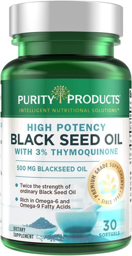 [BRSWGATRAF6QM3LX] Purity Products High Potency Black Seed Oil - Double Strength + Cold Press - 3% Thymoquinone - 500 mg Black Cumin Seed Oil - Omega 6 + 9 Essential Fatty Acid - Swallow - 30 Minigels