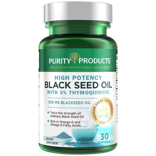 [BRSWGATRAF6QM3LX] Purity Products High Potency Black Seed Oil - Double Strength + Cold Pressed - 3% Thymoquinone - 500 mg Black Cumin Seed Oil - Omega 6 + 9 Essential Fatty Acids - Easy to Swallow - 30 Mini Softgels