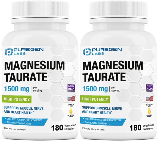[BRSROBD3AAHRMAAY] Puregen Labs Magneesium Taurate 1500mg per Serving [High Potency] Kokku 360 Veggie Caps, Kelaaditud Superior Absorption, Non-GMO, NO Gluteeni ja Piimatooted | Valmistatud USAs