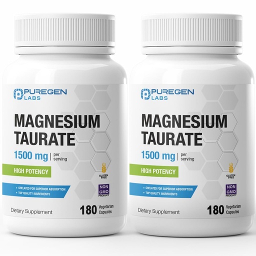 [BRSROBD3AAHRMAAY] Puregen Labs Magnesium Taurate 1500mg per Serving [High Potency] Total 360 Veggie Caps, Chelated for Superior Absorption, Non-GMO, NO Gluten and Dairy
