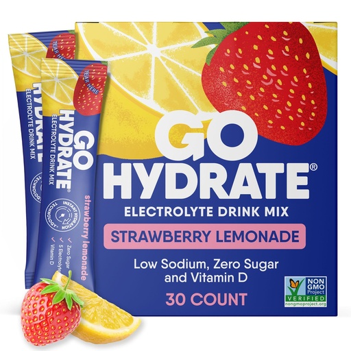 [BRSRAHD3CNYG2CTV] GoHydrate Low Sodium Electrolytes Powder Packets Sugar Free - Instant Hydration Daily Drink Mix - Zero Sugar Water Flavor Packet Singles with Vitamin D - (Strawberry Lemonade, 30 Packs)