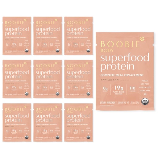 [BRSWGAI2BF7BOAA3] Boobie Body Superfood Protein Meal Replacement Shake, Vanilla Chai Flavor | 19g Protein | Safe For Pregnancy, Lactation, & Motherhood | Organic, Vegan, Zero Sugar, 10 Single Serve Packets (1.02 oz each)