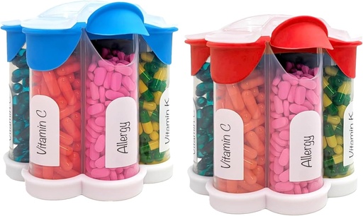 [BRSRAYAFCADRMGQY] Extra Large Pill Organizer Daily, Weekly, Monthly Supplement Bottle, Cute Blossom Pill Dispenser with 7 XL Compartments (2 Pack Combo) (Light Blue and Red)