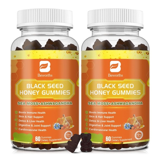 [BRSRAGQRC4ORO2QU] (2 Pack) Black Seed Oil Sea Moss Gummies with Ashwagandha, Burdock Root, Linden Honey, Elderberry, Turmeric, Vitamin C, D3 & Zinc - Supports Immunity, Joints, Digestion, Hair & Skin, Vegan Gummies 120
