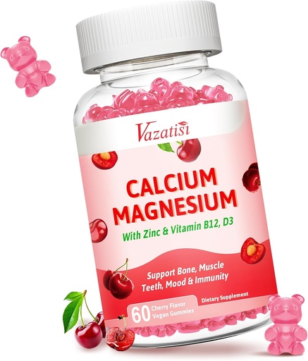[BRSRA2YLBUMR6YI6] Calcio Magnesio Zinc Gummies, Calcio Magnesio 2:1 Ratio con Vitamina D3 &amp; B12 para el Muscle, Mood e Inmunity, 60 Gummies Vegan Cherry Flavor