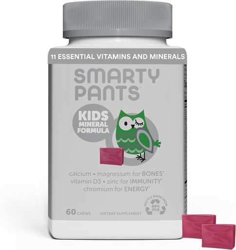 [BRSWGZD4AF5GOGYU] SmartyPants Kids Mineral Chews: Magnesium Citrate & Calcium Supplement with Vitamin D3, Vitamin C, K2, Zinc & Selenium for Immune Support, 60 Count (30 Day Supply)
