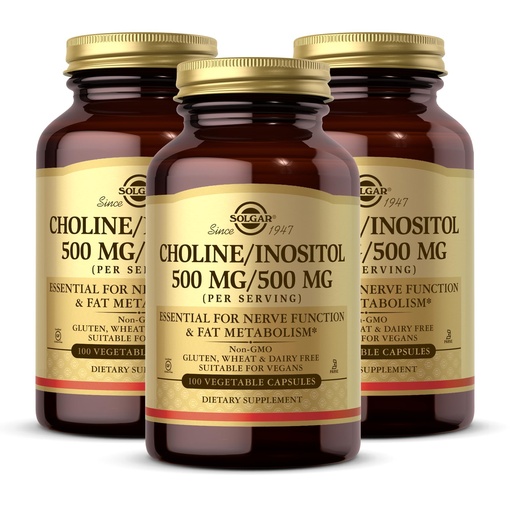 [BRSWIZ33BV6WIG3Y] Solgar Choline/Inositol 500 mg/500 mg, 100 Vegetable Capsules (Pack of 3) - Energy Metabolism, Liver Health, Essential for Brain & Nerve Function - Non-GMO, Vegan, Kosher - 150 Total Servings