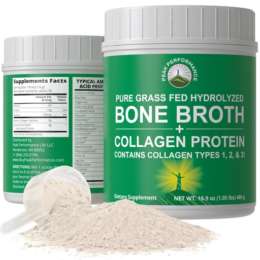 [BRSWGZT2O4NA4YD2] Peak Performance Hydrolyzed Bone Broth + Collagen Unflavored Protein Peptides Powder - Contains All Collagen Types: 1, 2, and 3 - Pure Pasture Raised Grass Fed, Paleo Friendly, Gluten + Dairy Free