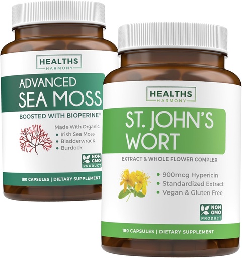 [BRSRAZYKCQPGACD4] Sea Moss & St. John's Wort (2-Month Supply) Mood Moss Blend - Organic Irish Sea Moss - Raw Vegan Supplement (180 Caps) & St John's Wort with Powerful 900mcg Hypericin Vegan Non-GMO (180 Capsules)