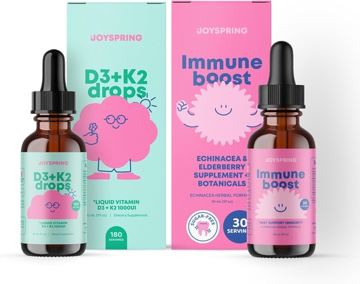 [BRSRMZAFPMBGGCLG] JoySpring Immune Drops & Vitamin D Bundle | Kids Vitamins Naturally Sourced, Non-GMO, Non-Alcoholic Liquid Formula, Immunity Health Support | Vegan & Vegetarian Supplements