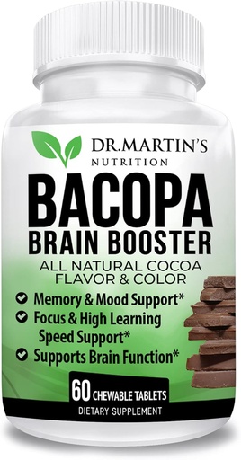 [BRSW2GD4OUNQ23DV] BACOPA MONNIERI/BRAHMI CHEWABLE Tablets |Brain Booster Supplement for Memory, Mood Support & Sharpness| Focus & HIGH Learning & Brain Function| AYURVEDIC HERB for Kids & Adults | Cocoa Flavor