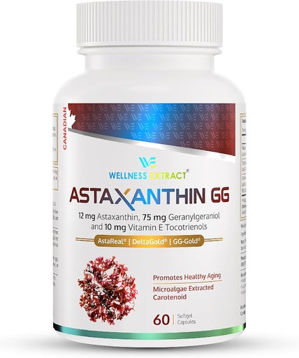 [BRSROAYZBMCBU2DU] WELLNESS EXTRACT Astaxanthin-GG – AstaREAL™ Astaxanthin Supplement, GG-Gold® Geranylgeraniol, DeltaGold® Tocotrienols Supports Eye, Skin and Heart Health - 60 softgels