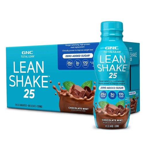 [BRSRAGAZDIORMHT2] GNC Lean Shake 25 Protein Shake, Clinically Proven Weight Management, Meal Replacement, 25g Protein with Zero Added Sugar, Ready To Drink, Chocolate Mint, Pack of 12
