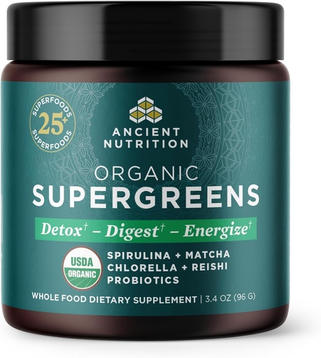 [BRSROBQDO4OROG3J] Nutrición antigua Polvo orgánico SuperGreens con Probióticos, Verdes Ecológicos Sabor Verdes, Hecho de Frutas Reales, Verduras y Herbs, Apoyo Digestivo y Energético, 12 Servimientos, 3.4oz