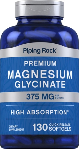 [BRSROBIBAUJWA2Q6] Piping Rock Magnesium Glycinate | 375mg | 130 Count | Premium & High Absorption | Quick Release Softgels | Non-GMO & Gluten Free Formula