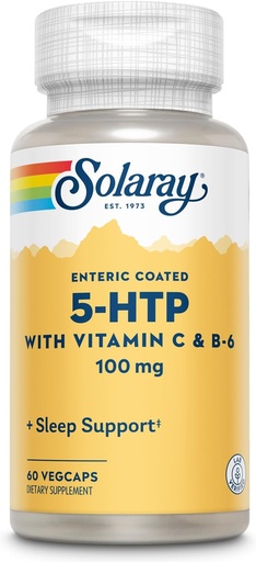 [BRSWIYTYOEDR233Y] SOLARAY 5 HTP Suplemento con vitamina C &amp; B-6 - Suplemento de sueño y síntesis de serotonina Soporte - Lab Garantía de devolución de dinero verificada de 60 días - 60 Servimientos, 60 Enteric Coated VegCaps