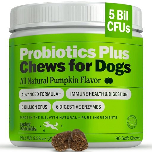 [BRSROGQDB4HWK2T2] Deley Naturals Probiotics Plus Chews for Dogs - Gut Health Supplement with 5 Billion CFU's & Digestive Enzymes - Prebiotics for Dog Allergies, Diarrhea & Yeast - 90 Count Pumpkin Flavor Made in USA
