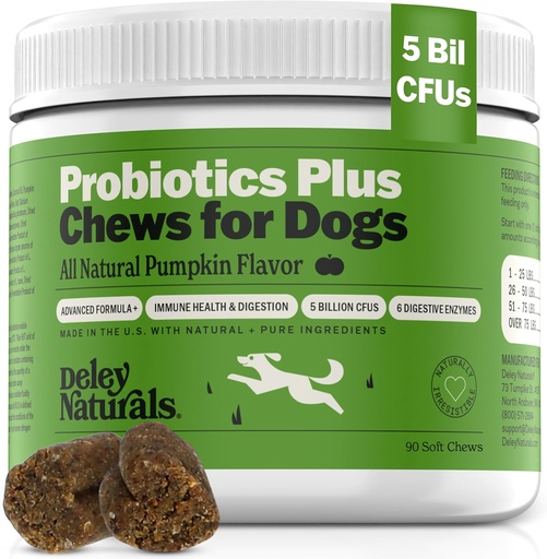 [BRSROGQDB4HWK2T2] Deley Naturals Probiotics Plus Chews for Dogs, Gut Health Supplement, 5 Billion CFU's, Digestive Enzymes, Prebiotics, Dog Allergies, Diarrhea, Yeast, Pumpkin Flavor, 90 Count - Made in The USA
