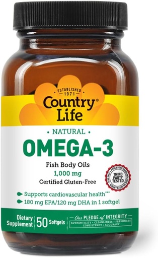 [BRSWIYQPO4IQACLC] Country Life Omega-3 Fish Oil Supplement, 10000mg,180mg EPA & 120mg DHA, Fish Oil Concentrate, Burpless, 50 Softgels, Certified Gluten Free