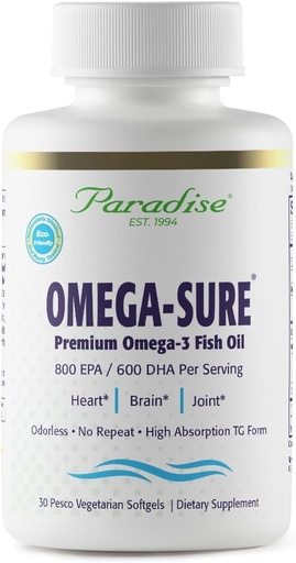 [BRSWIFYMAYDRA3TG] Paradise Herbs Omega-Sure, Concentrado Omega-3, Óleo de peixe Premium, DHA, EPA, Vegan, Não OGM, Gluten Free, 30 Count Vegetarian Softgels