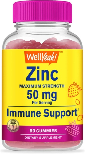 [BRSW2GIEBEBWOE3U] WellYeah Zinc Gummies 50 mg - Supports Healthy Immune Function and Antioxidant Health - Natural Berry Flavor - Gluten-Free, GMO-Free - Chewable Gummy Dietary Supplement - 60 Gummies