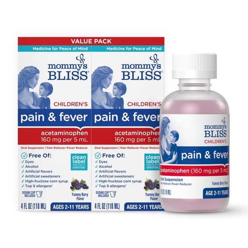 [BRSROCT6CUORQCAV] Mommy's Bliss Children's Pain and Fever Reducer, Kids Acetaminophen, Dye Free, Delicious Mixed Berry Flavor, Ages 2+, 4 Fluid Ounces (Pack of 2)
