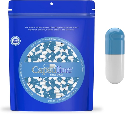 [BRSWIAQQCUFR6FIV] Capsuline Colored Size 0 Empty Gelatin Capsules Blue/White 10000 Count |Kosher & Halal Certified |Gluten Free