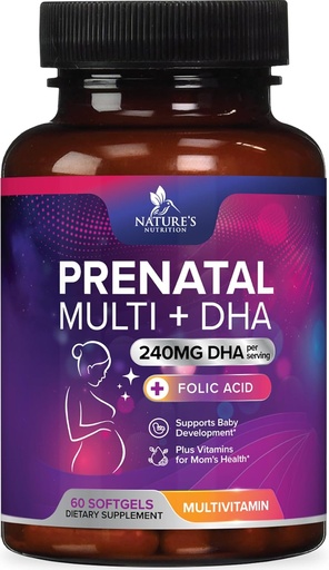 [BRSW2FA3AUMBYGTF] Vitaminas prenatales con ácido fólico " DHA, Fetal Brain Development Support with Folate " Omega 3, Prenatal Multivitamin for Women, Vitamina A, C, D, B6, B12 " Iron, Pregnancy Supplement - 60 Softgels