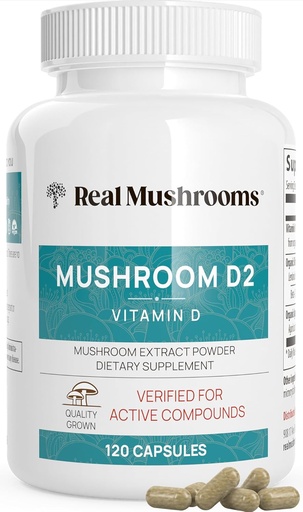 [BRSWGCAKOQMAYH3D] Real Mushrooms Vitamina D2 de Shiitake & Agaricus – Vegan Mushroom-Based D Suplemento – Vitaminas para el apoyo general del bienestar – Orgánica, No-GMO, 1000 UI – 120 Conteo