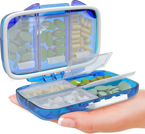 [BRSW2CANDN4B63D5] Travel Pill Organizer - Moisture Proof Portable Vitamin Holder with 7 Compartments, Compact Supplement Case for Purse Essential Medicine Kit fot Traveling Pocket Pharmacy with Labels, Blue