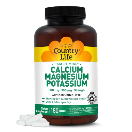 [BRSWIY3YOQJQAFT6] Country Life Target Mins - Calcium Magnesium Potassium Bone & Heart Health Supplement, 1000mg Calcium, 500mg Magnesium, Supports Calcium Utilization, 180 Tablets – Certified Gluten Free & Vegan
