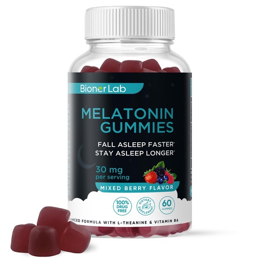 [BRSROHD3C4DW2AA4] BionerLab Melatonin Gummies (30mg) Enhanced with L-theanine & Vitamin B6 for Adult Women Men - Extra Strength Chewables Calm Gummy - Gluten Free