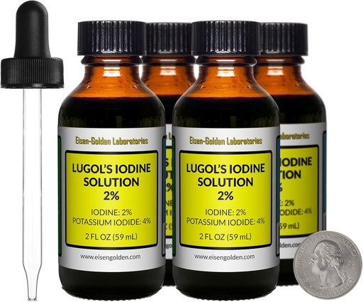 [BRSWYZA2BMIAAADJ] Lugol's Iodine / 2% Solution / 8 Oz in Four Amber Glass Bottles/Free Droppers/USA
