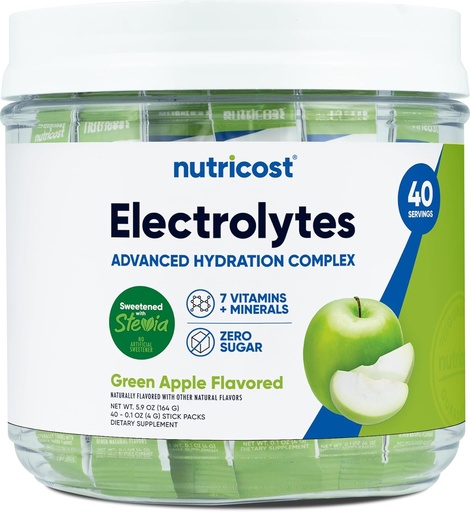 [BRSRAEARCIIW2H3U] Nutricost Electrolytes Complex, Green Apple Flavored, 40 Stickpacks - Advanced Hydration Complex