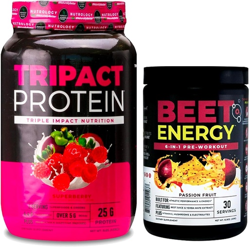 [BRSRAZYHBNYRGCYU] Nutrology TRIPACT Protein Powder, 7-in-1 Meal Replacement Shake, Superberry (40 Servings) Beet Natural O2, Pre Workout Powder, Passion Fruit Flavor (30 Servings)