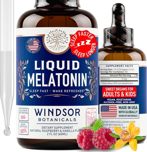 [BRSWYGL2BMNBS23K] Liquid Melatonin for Adults and Kids 6 Years Up - 3mg Melatonin Drops Extra Strength Liquid Sleep Aid - Fast Absorbtion, Raspberry Vanilla Flavor Melatonina - 2oz, 2-Month Supply, Made in USA