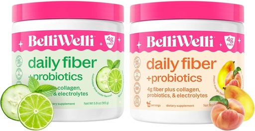 [BRSRABQZCUBBGGQ6] Daily Fiber Supplement Bundle with Collagen, Probiotics, Electrolytes & Hydration Support - Cucumber Lime Mint & Peach Mango Flavors - Promotes Digestive, Skin Health, Gut Balance - 32 Servings